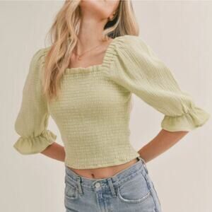 Sadie & Sage Sage Green Smocked Puff Sleeve Crop Top Size S
